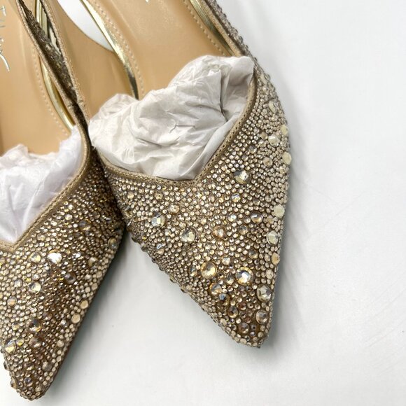 Betsey Johnson Size 6.5 Clark Gold Jewel Encrusted Slingback Heels Pumps‎ Shoes - Picture 5 of 13